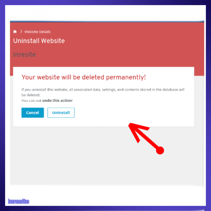Delete website data Uninstall - Cancel page