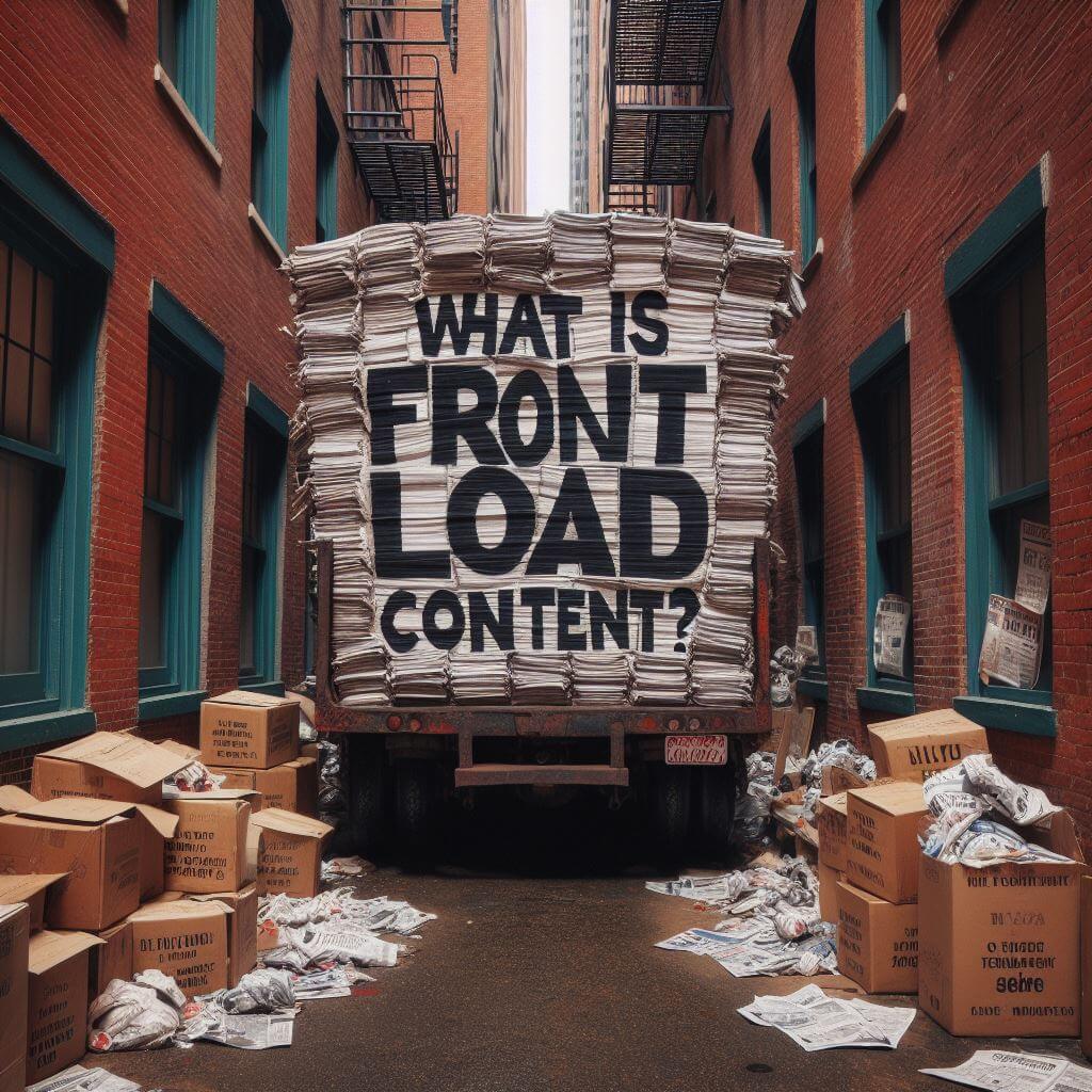 An alley is an old bulk news papers written on them boldly "What is Front load content?"