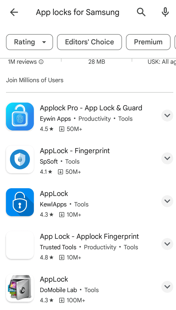 App lock suggestions on Google play store